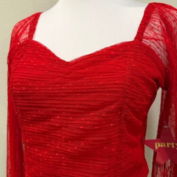Love x Design Red Sweetheart Ruched Long Sheer Sleeves Top M Valentines Romantic - Picture 3 of 9